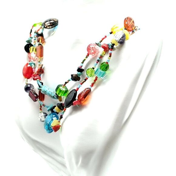 Triple Strand Turquoise Stone and Multicolor Glass Acrylic & Seed Bead Necklace - Picture 1 of 11